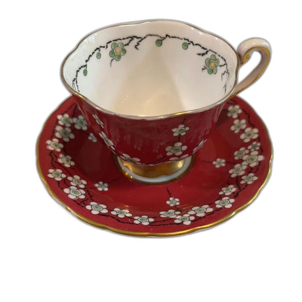 Vntg Chelsea English Red w/White Plum Blossom Bone China Maytime Tea Cup Saucer*